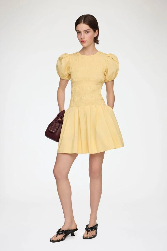 Stretch Cotton Mini Smocked Pleated Dress  Italian Straw