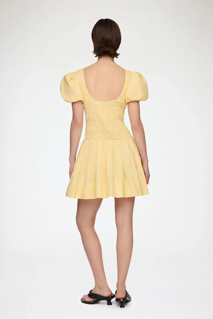 Stretch Cotton Mini Smocked Pleated Dress  Italian Straw
