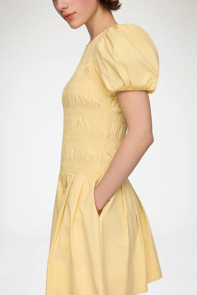 Stretch Cotton Mini Smocked Pleated Dress  Italian Straw