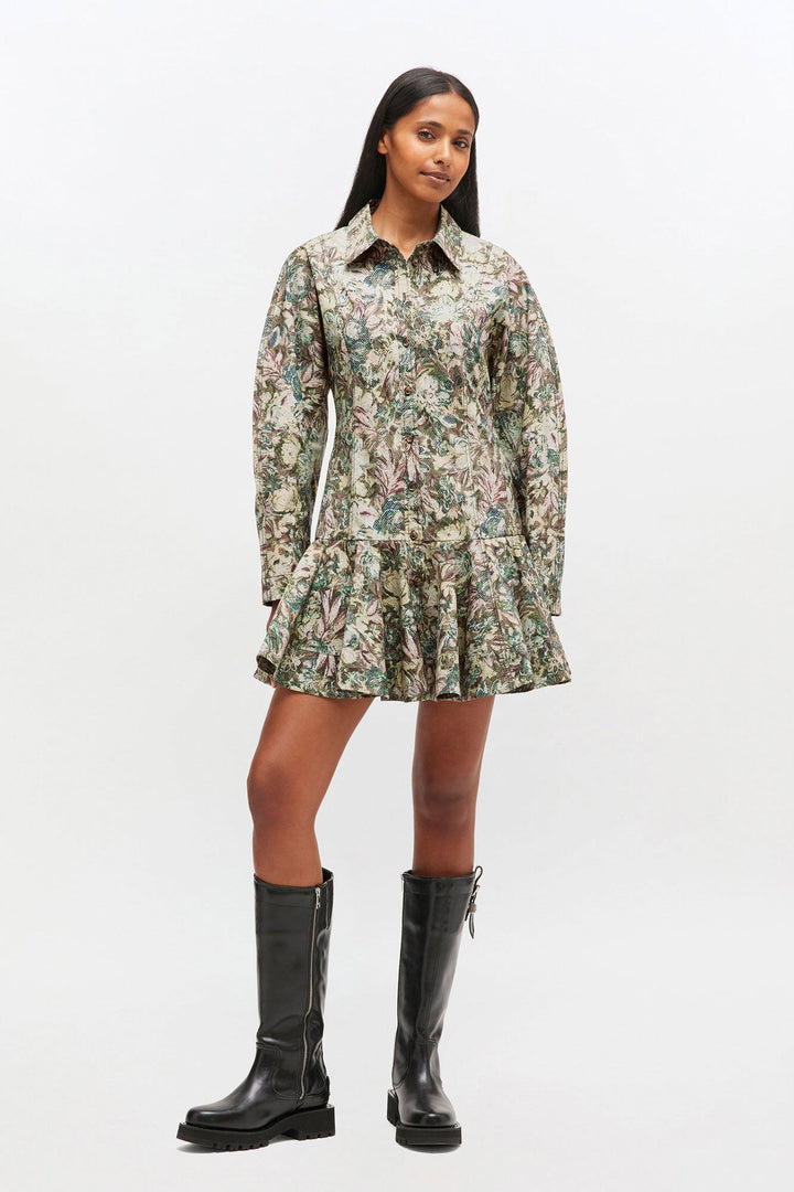Printed Stretch Cotton Buttoned Mini Dress Jadeite