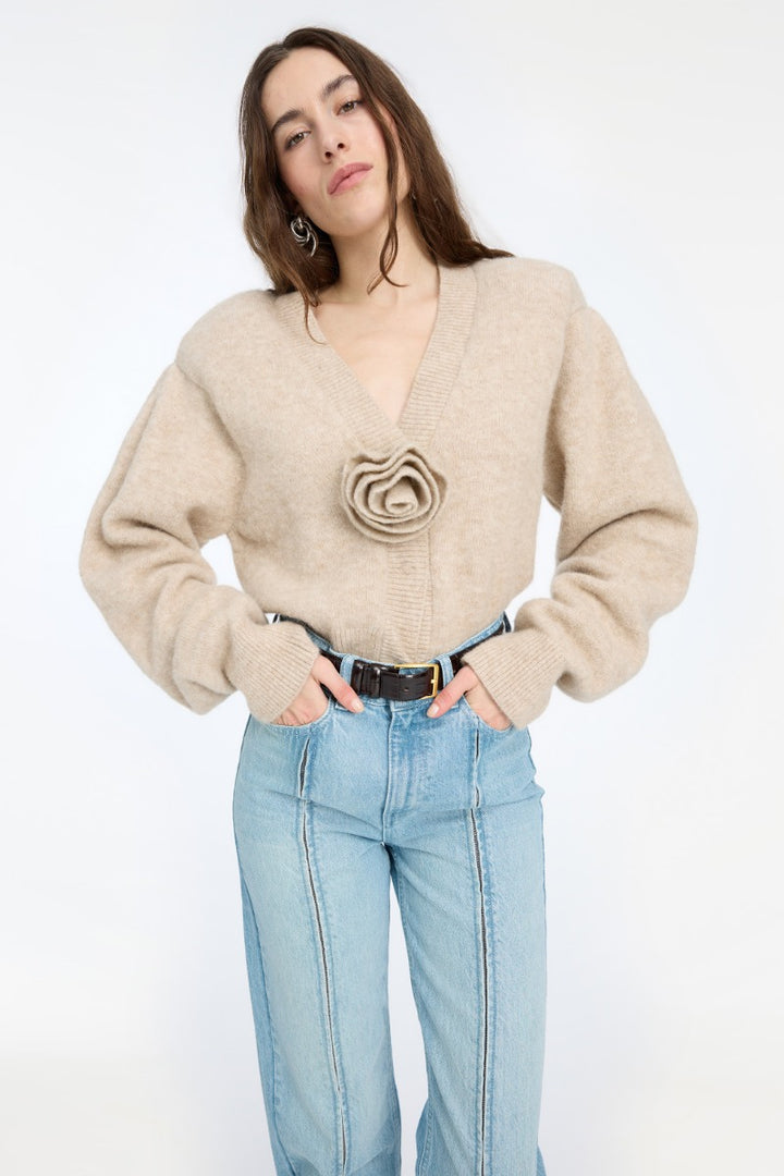 Knit Flower Cardigan Oxford Tan