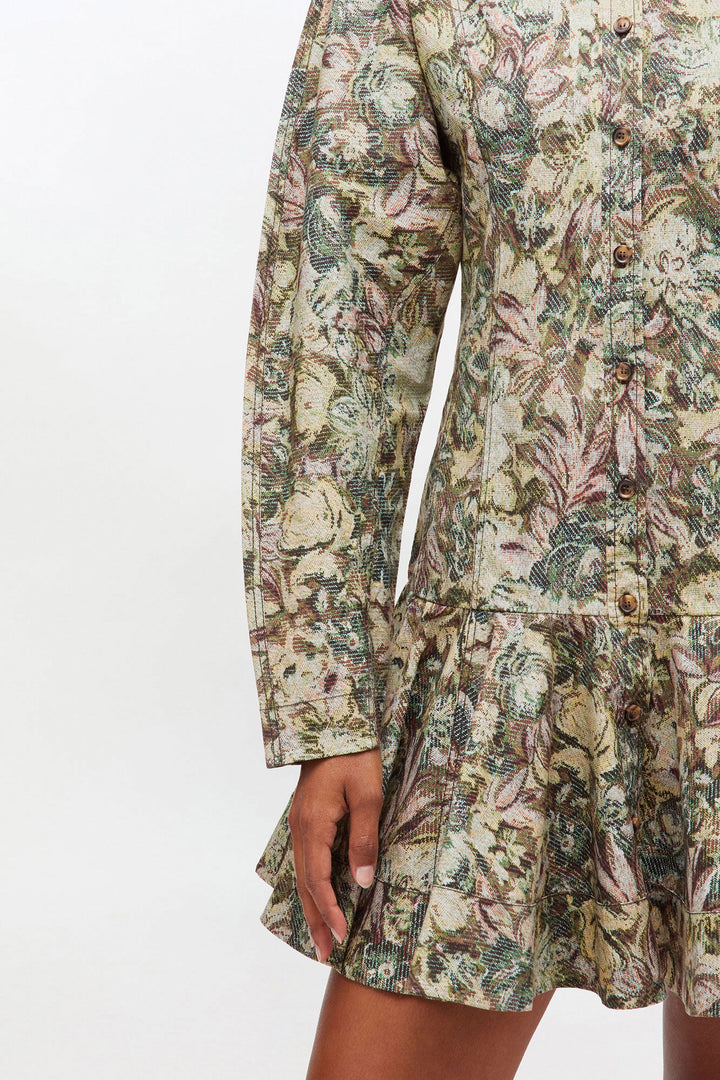 Printed Stretch Cotton Buttoned Mini Dress Jadeite