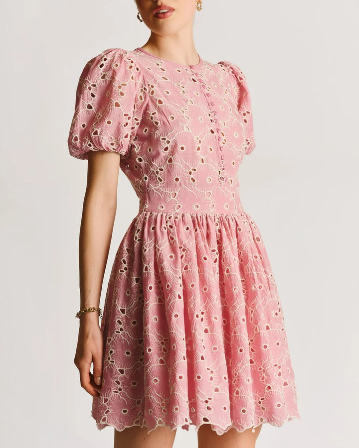 Broderie Anglaise Puffed Dress Rose Pink