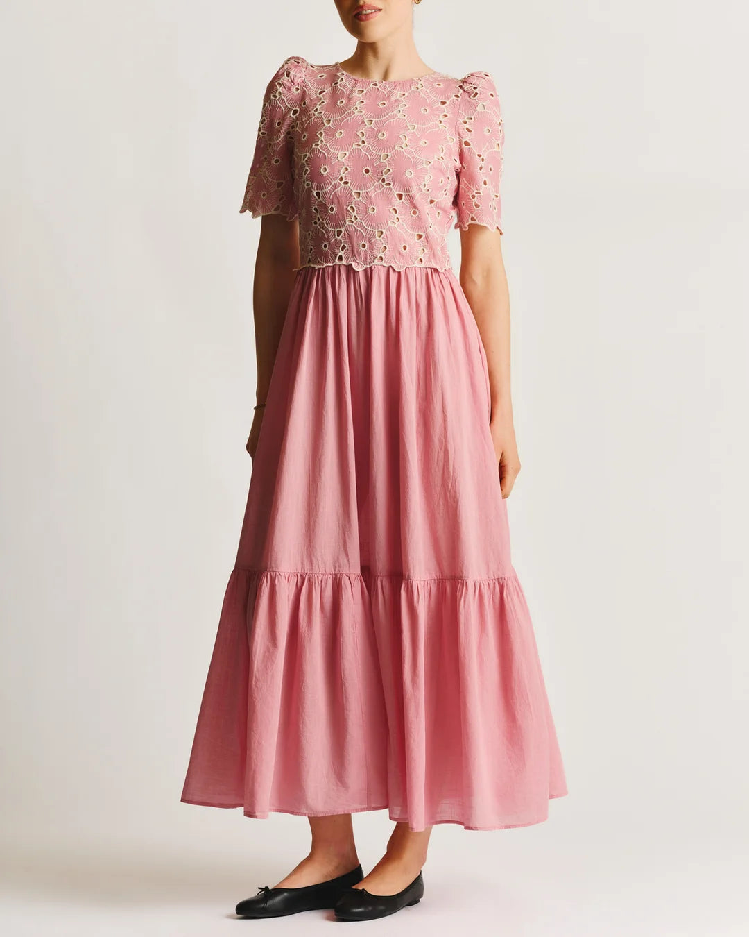 Broderie Anglaise Maxi Dress Rose Pink