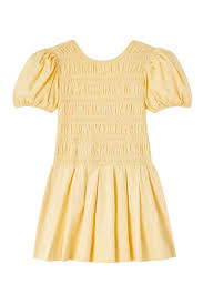 Stretch Cotton Mini Smocked Pleated Dress  Italian Straw