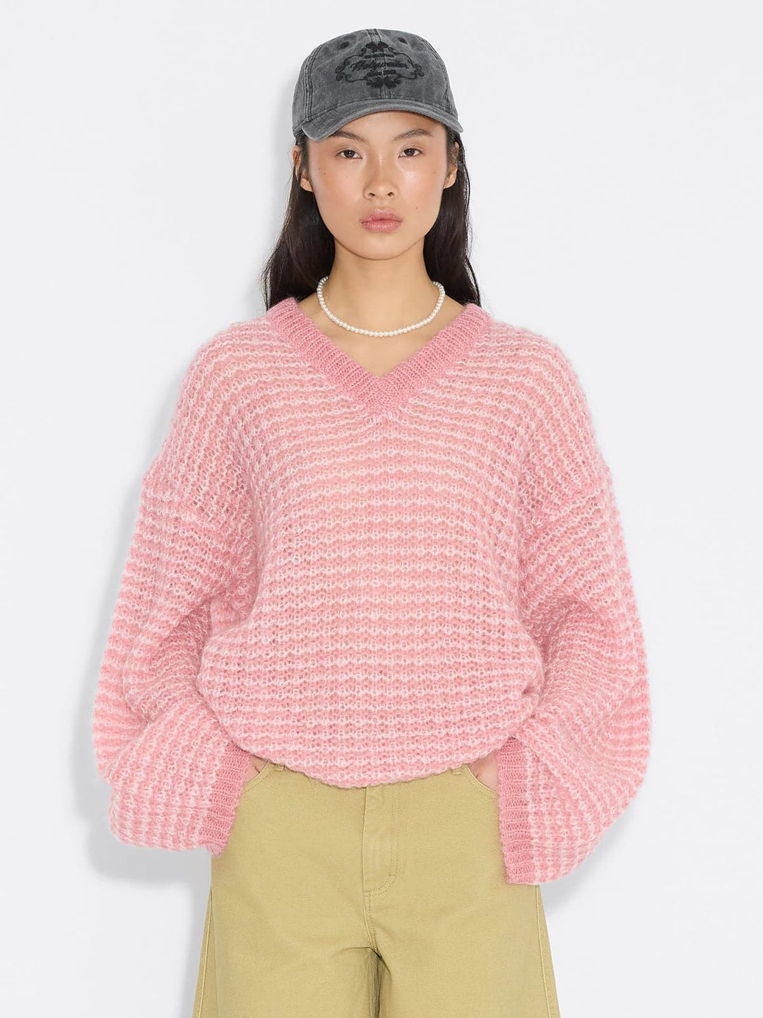 Boxy Mohair V-Neck Sweater Pink Mix