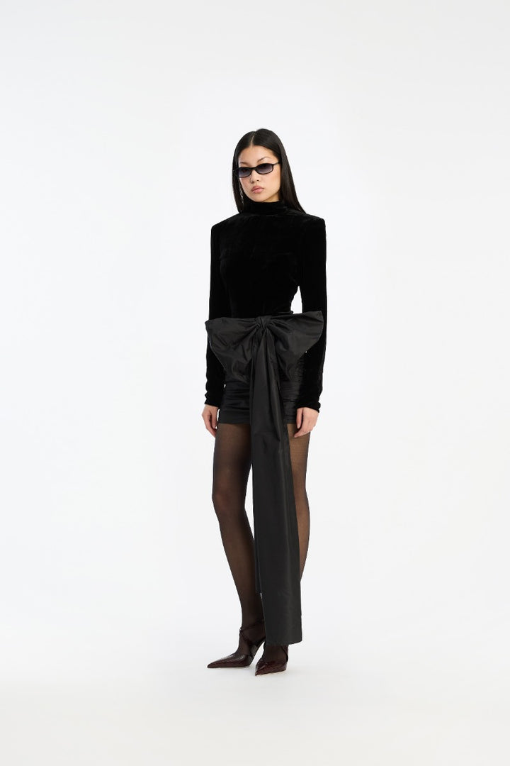 Velvet Bow Mini Dress Black