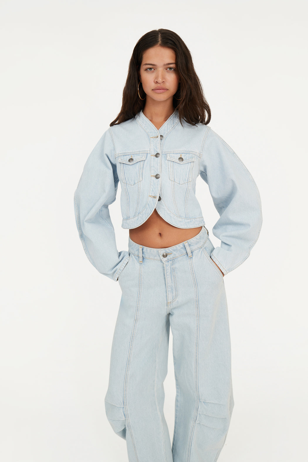 Round Sleeve Denim Jacket Light Blue Denim
