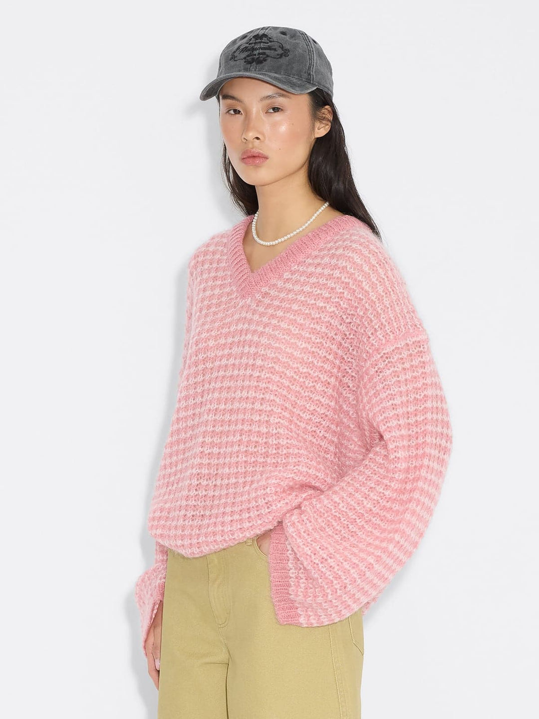 Boxy Mohair V-Neck Sweater Pink Mix