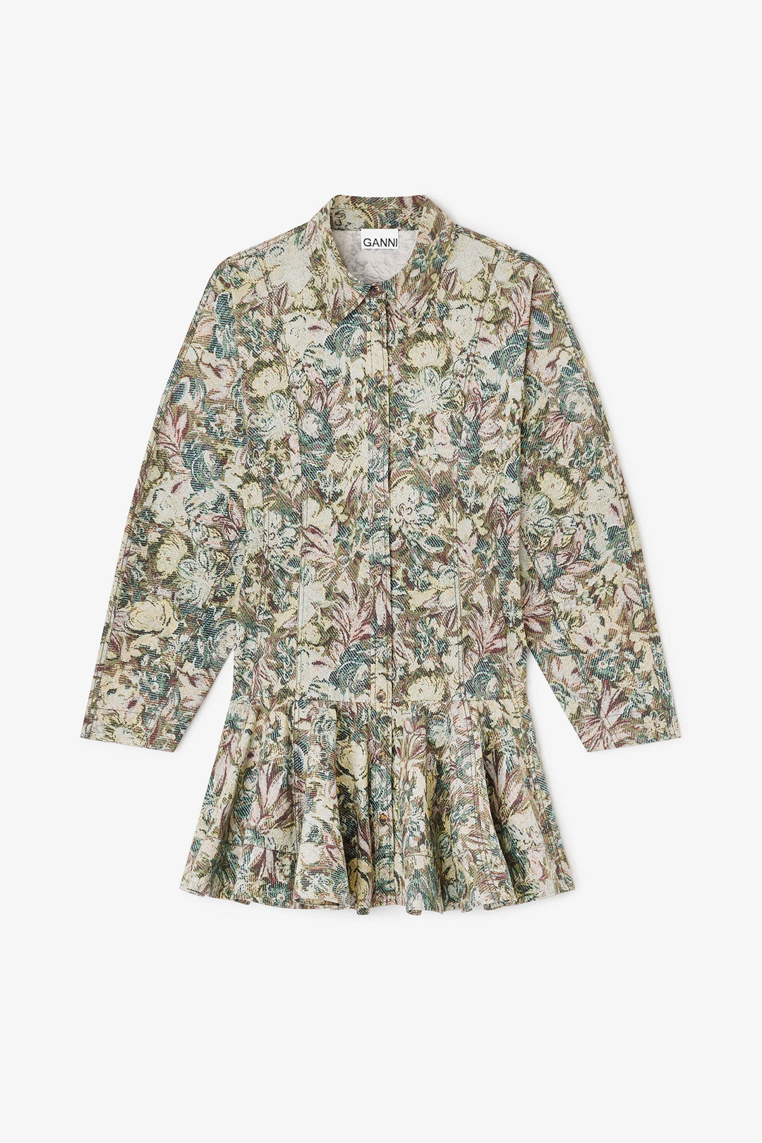 Printed Stretch Cotton Buttoned Mini Dress Jadeite