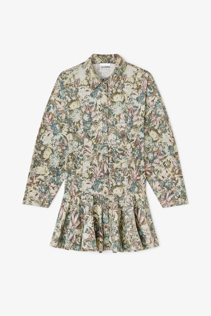 Printed Stretch Cotton Buttoned Mini Dress Jadeite