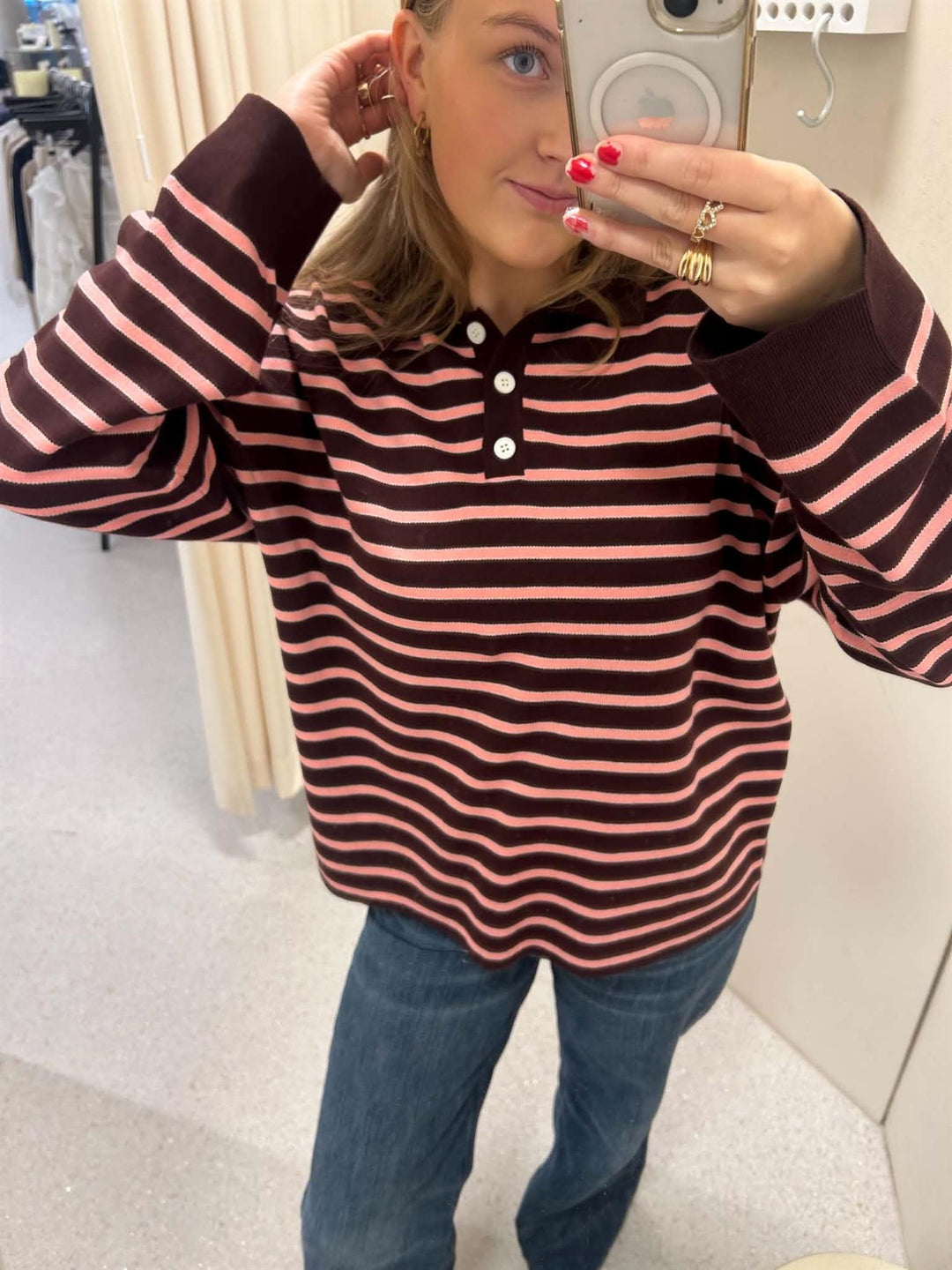 Adanne Polo Knit Stripe Bordeaux/Pink