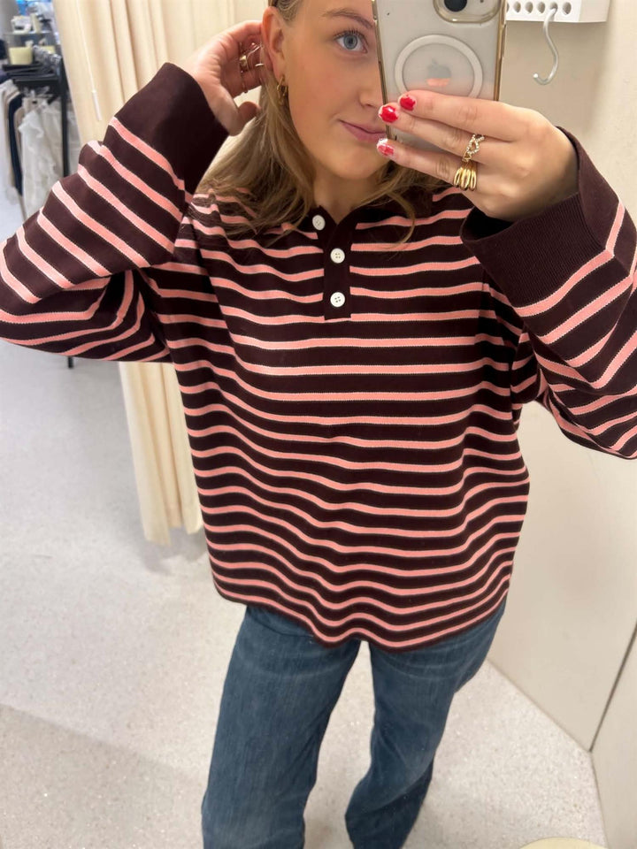 Adanne Polo Knit Stripe Bordeaux/Pink