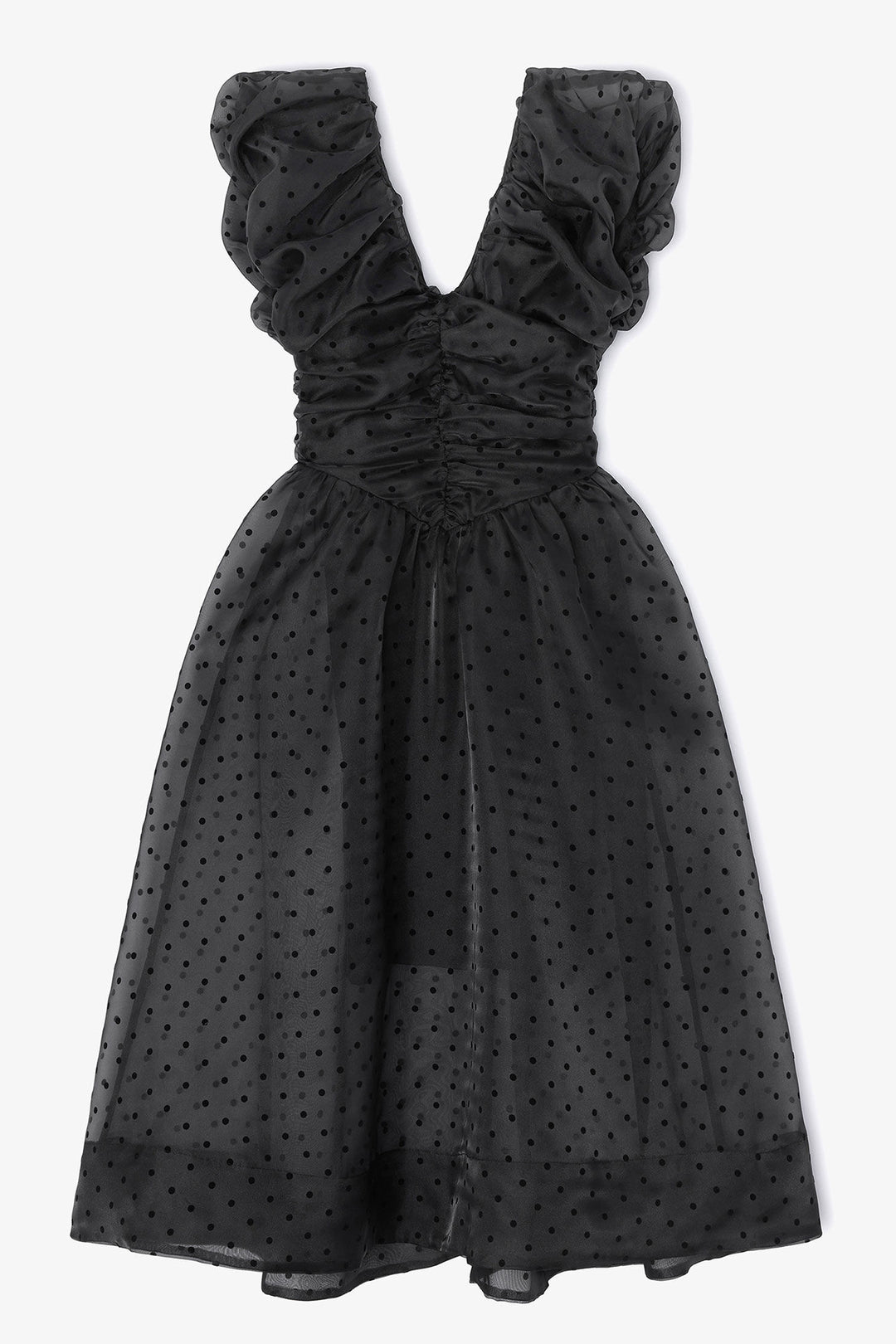 Flocked Organza Long Ruched Dress Black