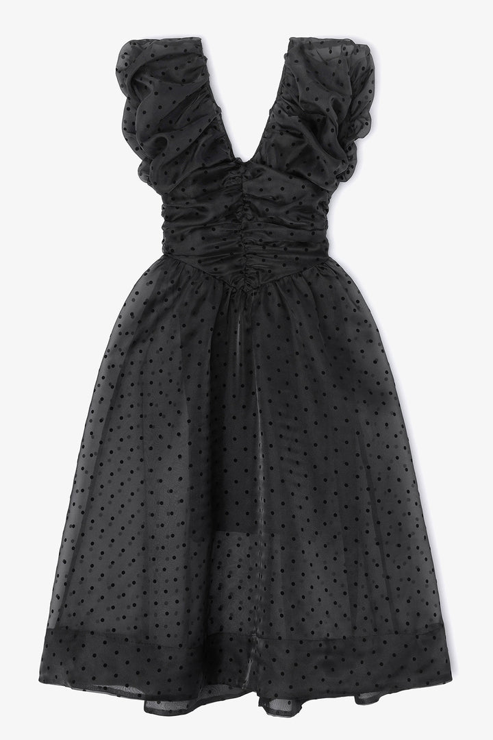 Flocked Organza Long Ruched Dress Black