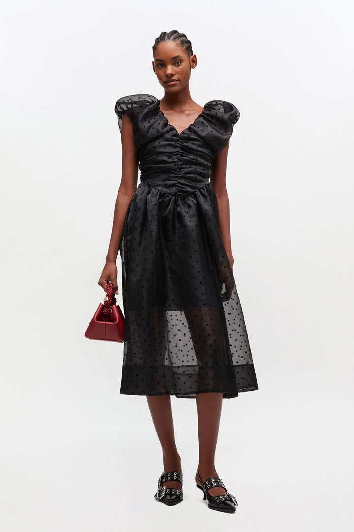 Flocked Organza Long Ruched Dress Black