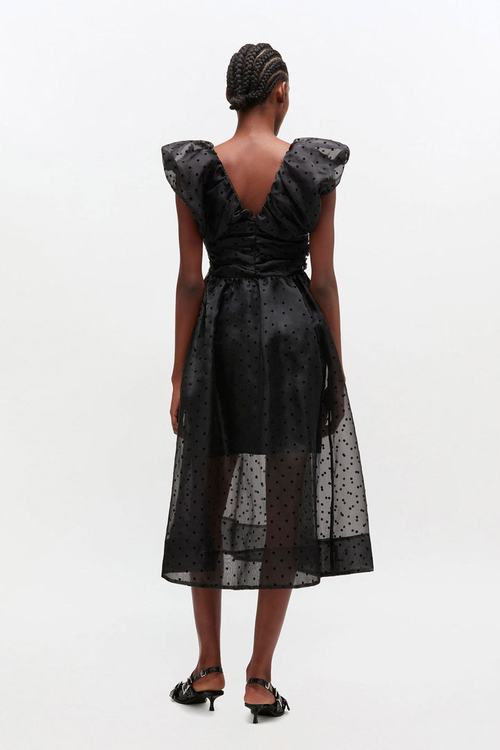 Flocked Organza Long Ruched Dress Black