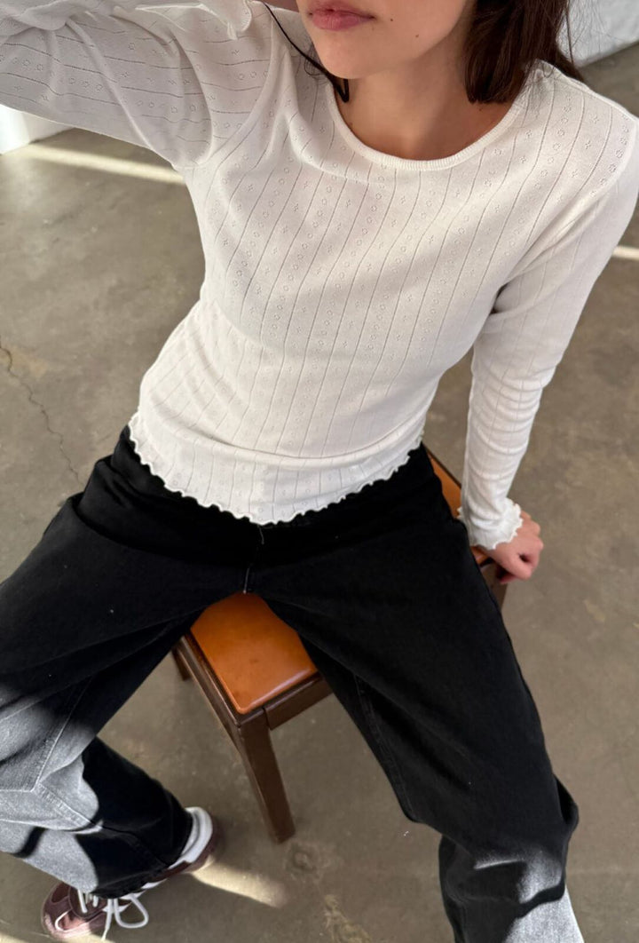 Fenna O-Neck Tee Pointelle Off White