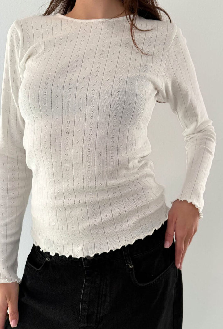 Fenna O-Neck Tee Pointelle Off White