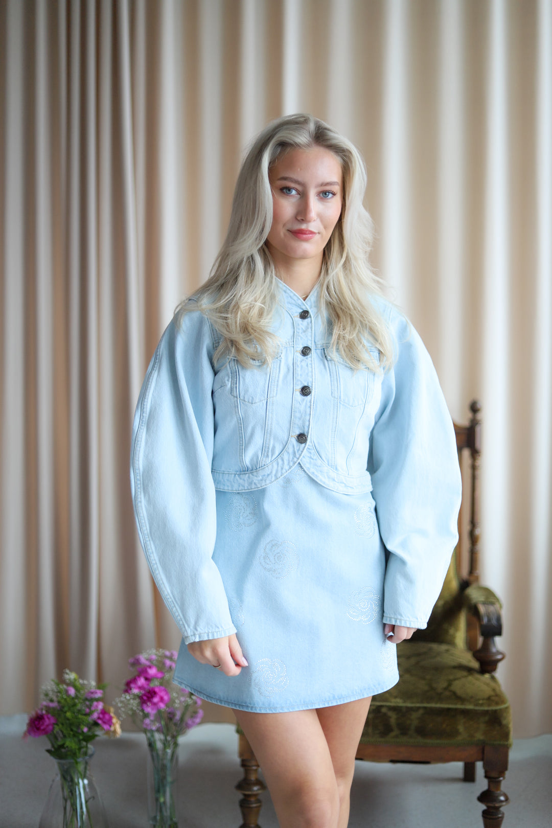 Round Sleeve Denim Jacket Light Blue Denim