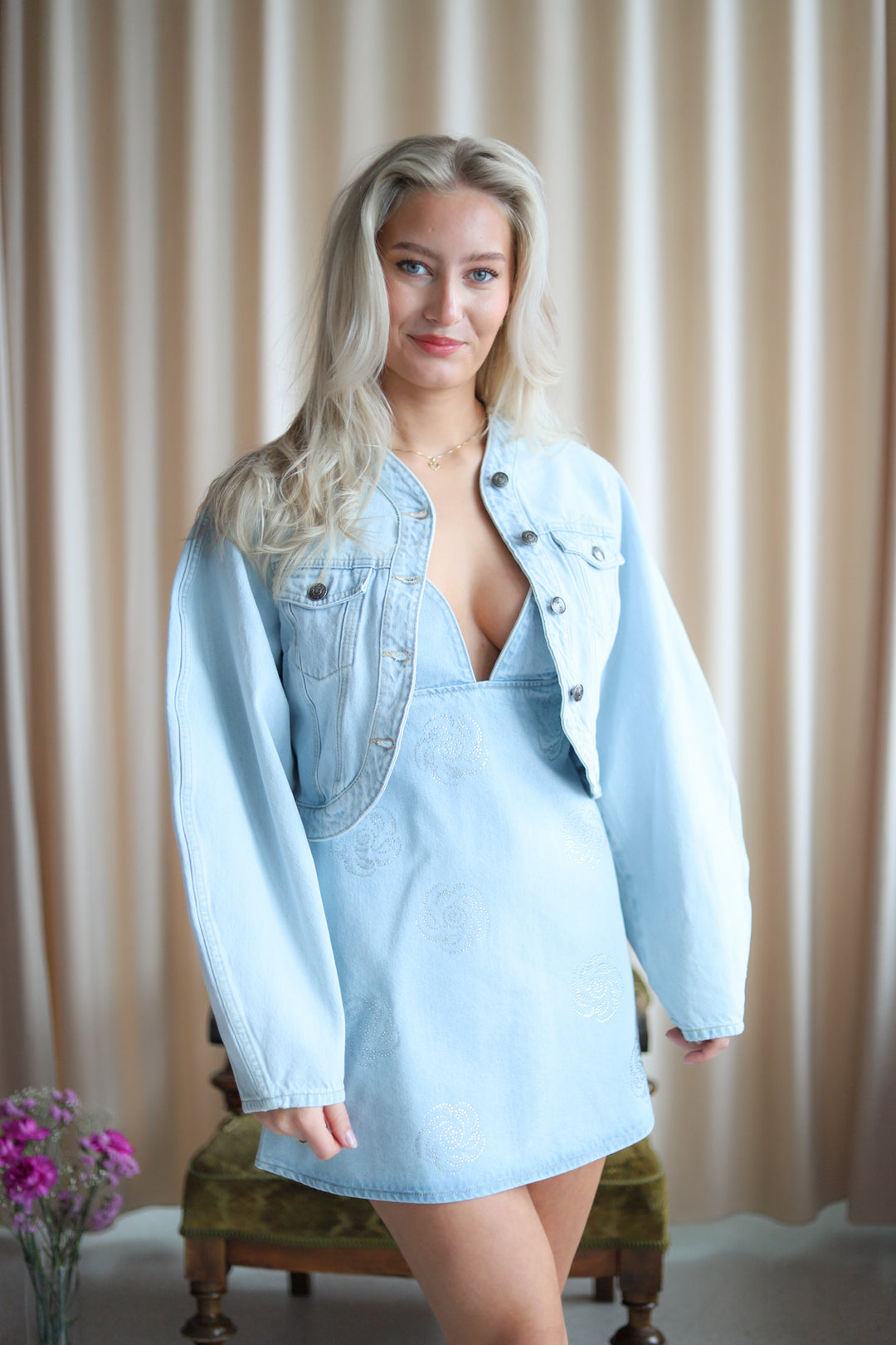 Round Sleeve Denim Jacket Light Blue Denim