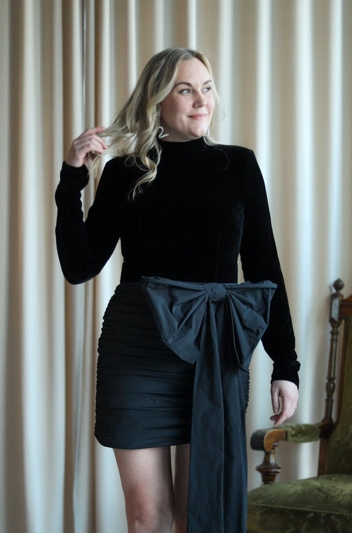Velvet Bow Mini Dress Black