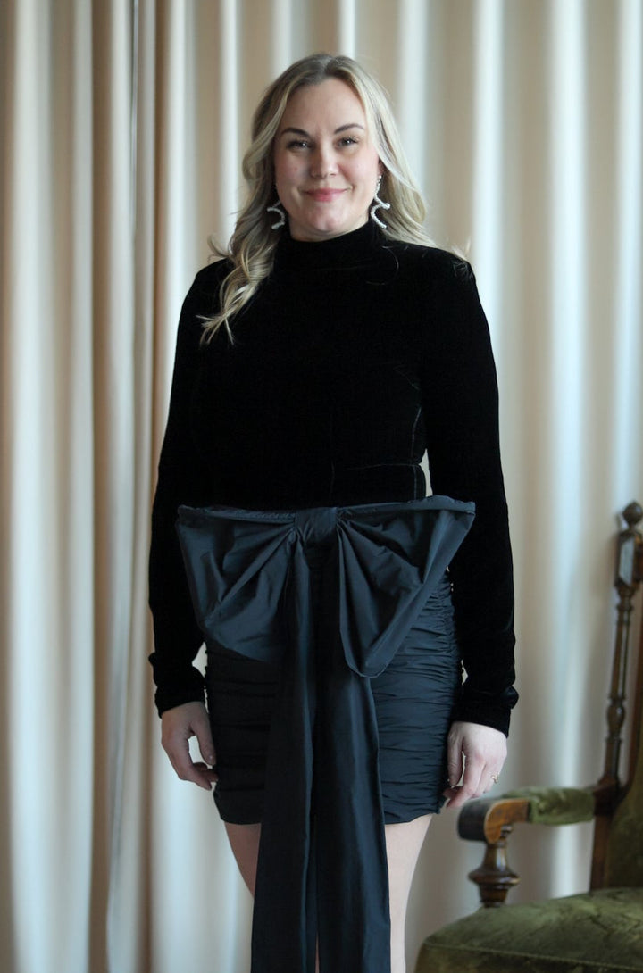 Velvet Bow Mini Dress Black
