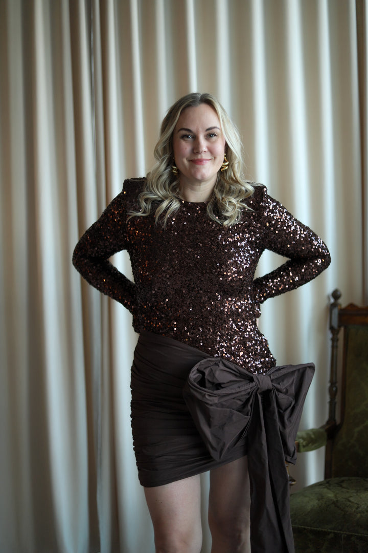 Sequins Bow Mini Dress Chicory Coffee