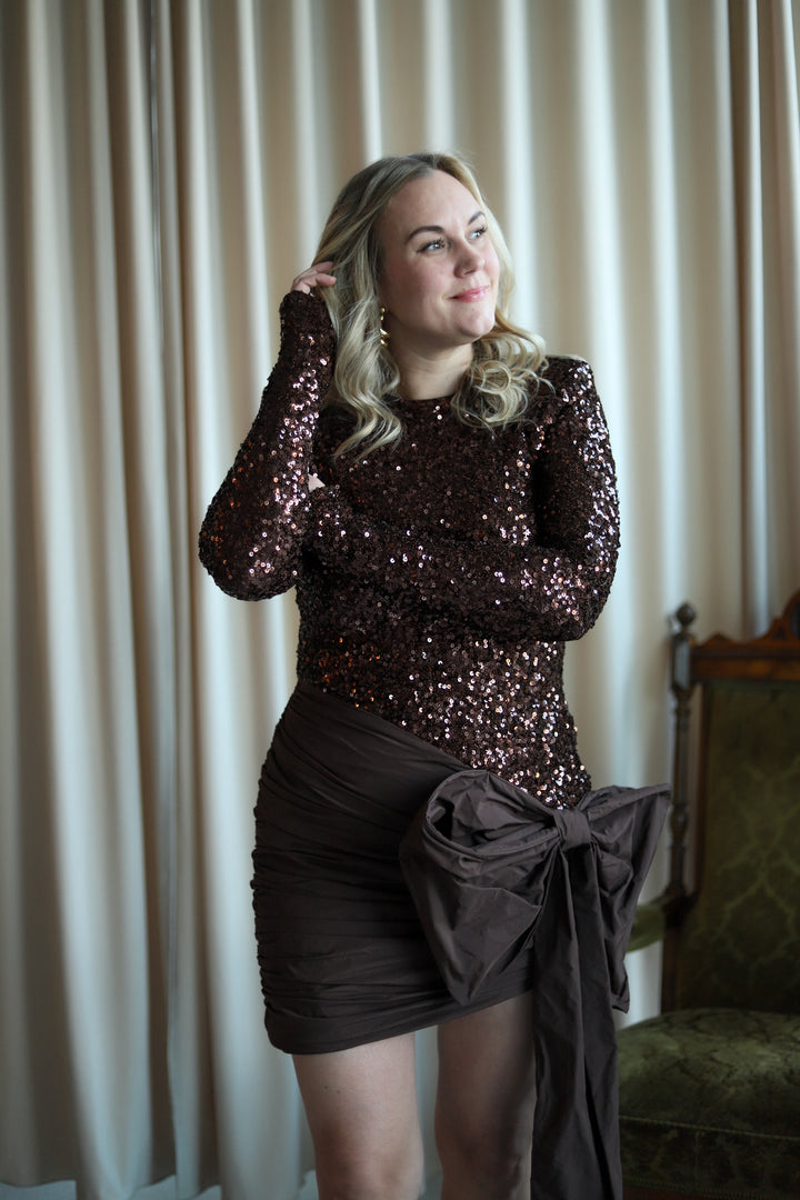 Sequins Bow Mini Dress Chicory Coffee