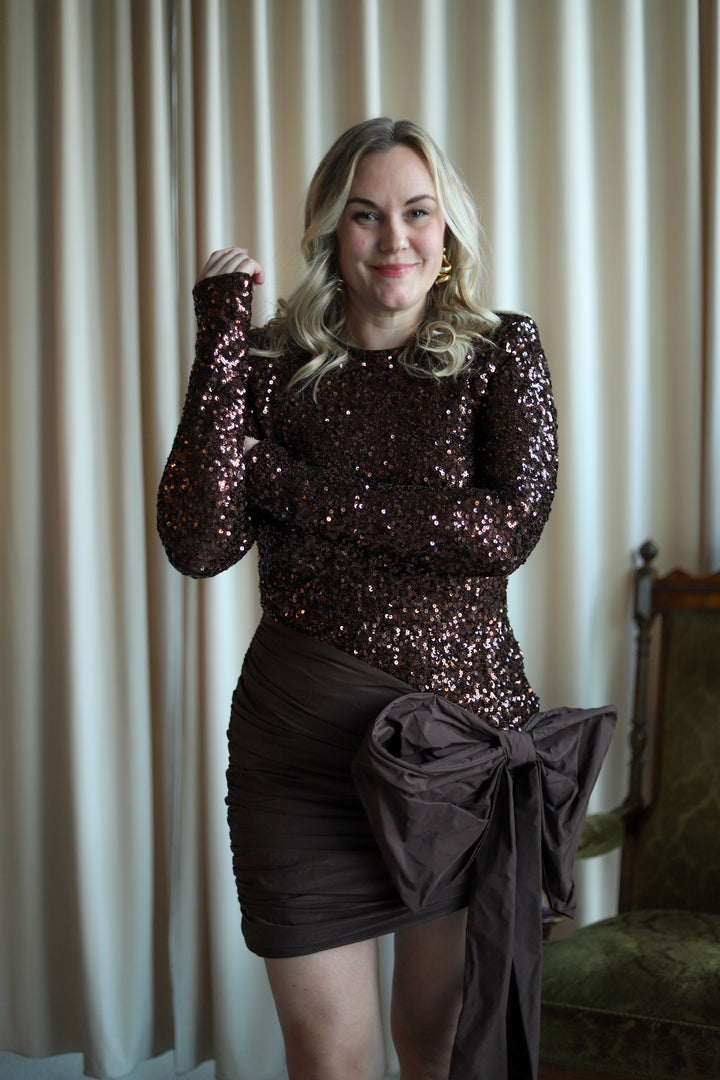 Sequins Bow Mini Dress Chicory Coffee