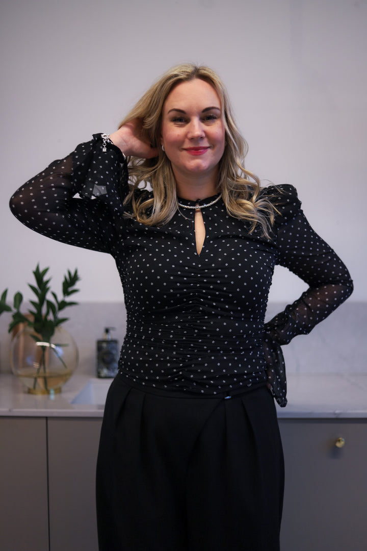 Chiffon Ruched Ls Top Black Comb