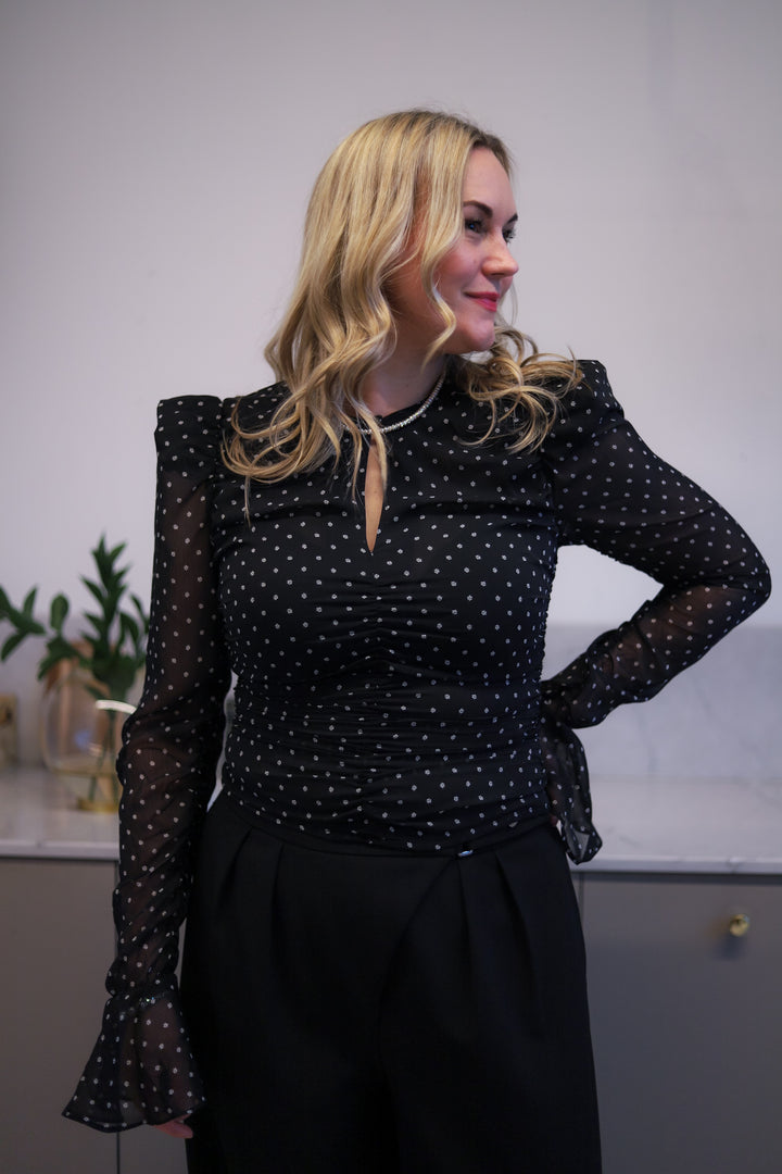 Chiffon Ruched Ls Top Black Comb