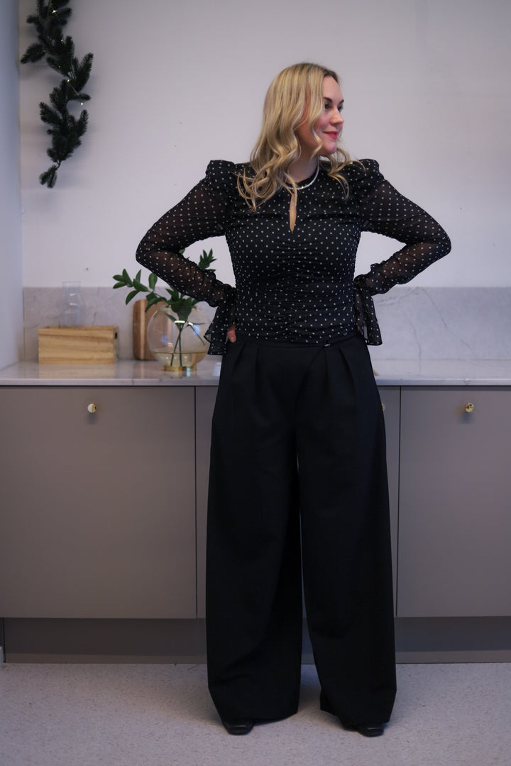 Chiffon Ruched Ls Top Black Comb