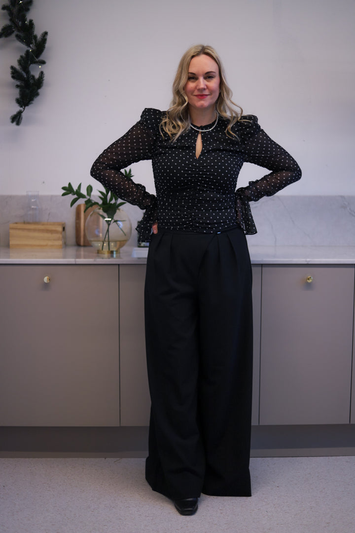 Chiffon Ruched Ls Top Black Comb