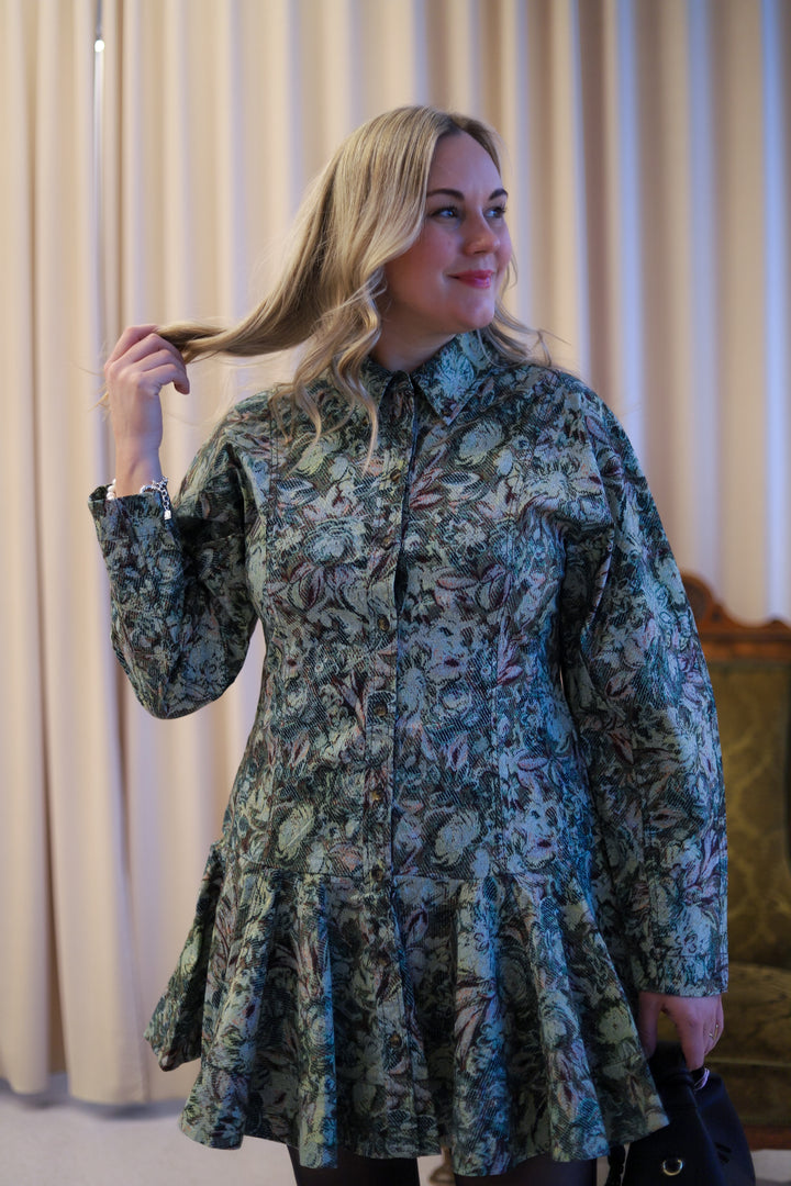 Printed Stretch Cotton Buttoned Mini Dress Jadeite