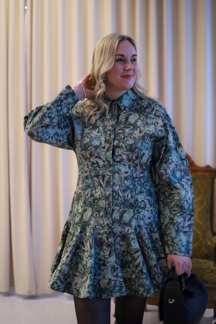 Printed Stretch Cotton Buttoned Mini Dress Jadeite