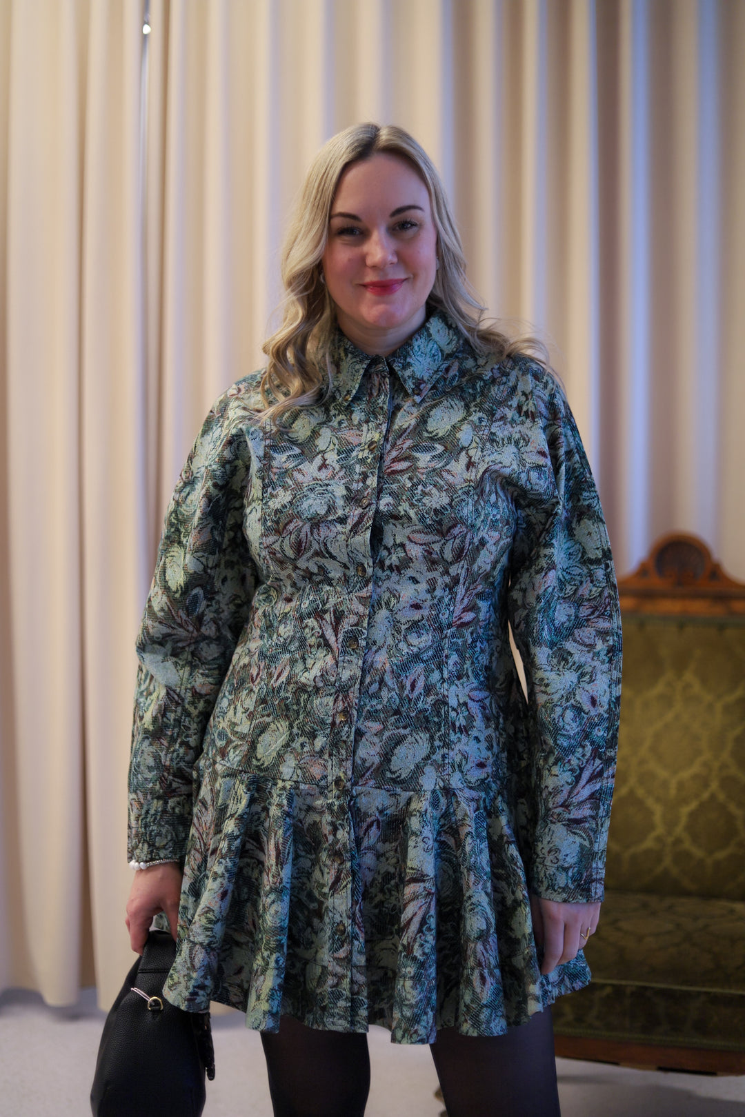 Printed Stretch Cotton Buttoned Mini Dress Jadeite