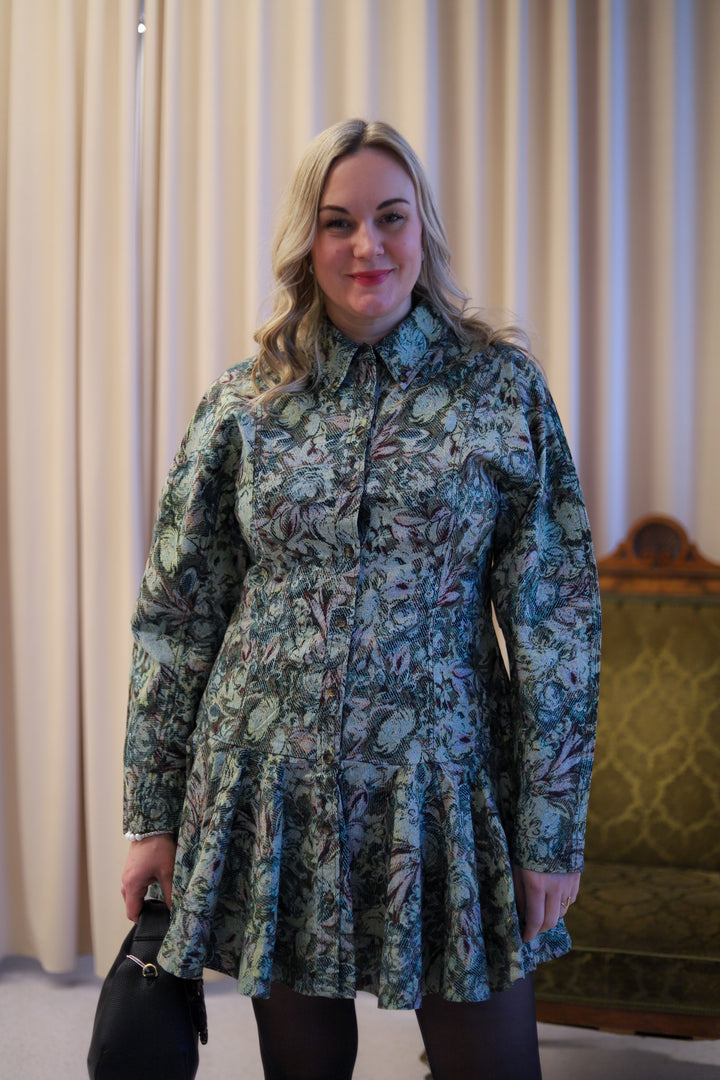 Printed Stretch Cotton Buttoned Mini Dress Jadeite