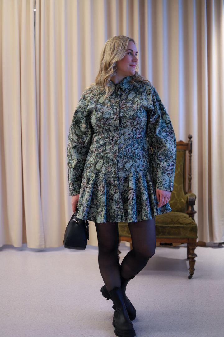 Printed Stretch Cotton Buttoned Mini Dress Jadeite