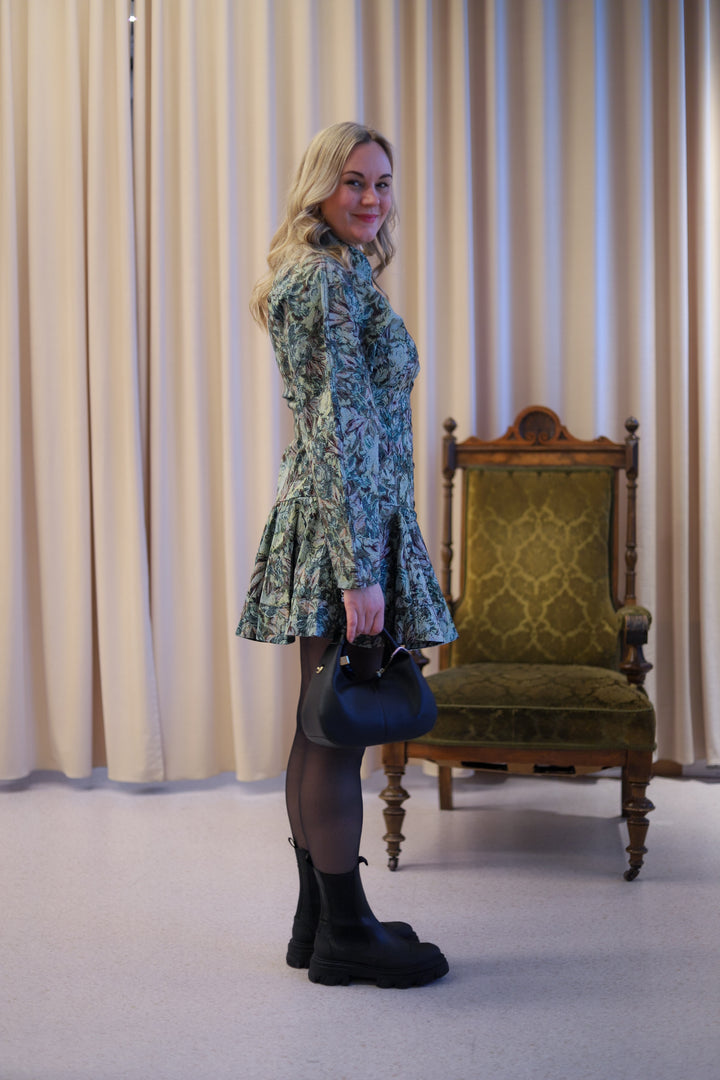 Printed Stretch Cotton Buttoned Mini Dress Jadeite