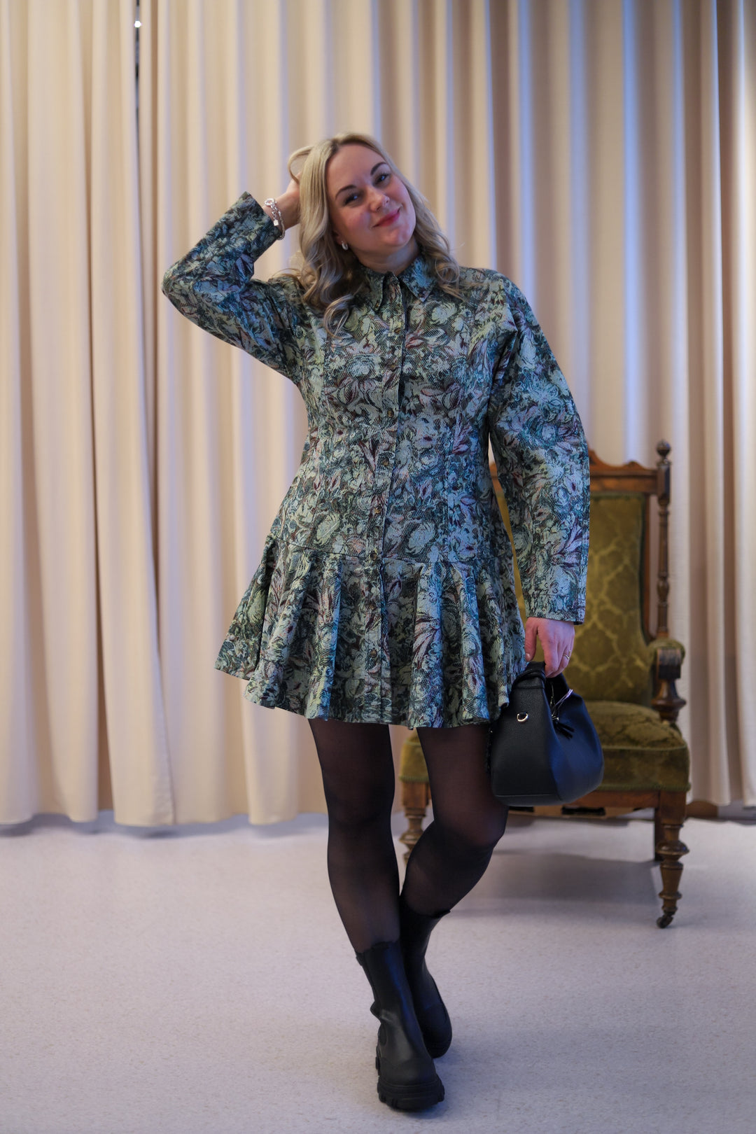 Printed Stretch Cotton Buttoned Mini Dress Jadeite