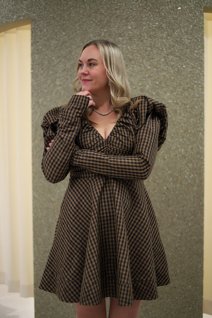 Crinkled Taffeta Check Mini Dress Tobacco Brown