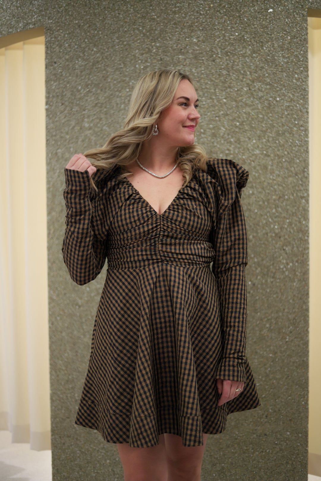 Crinkled Taffeta Check Mini Dress Tobacco Brown