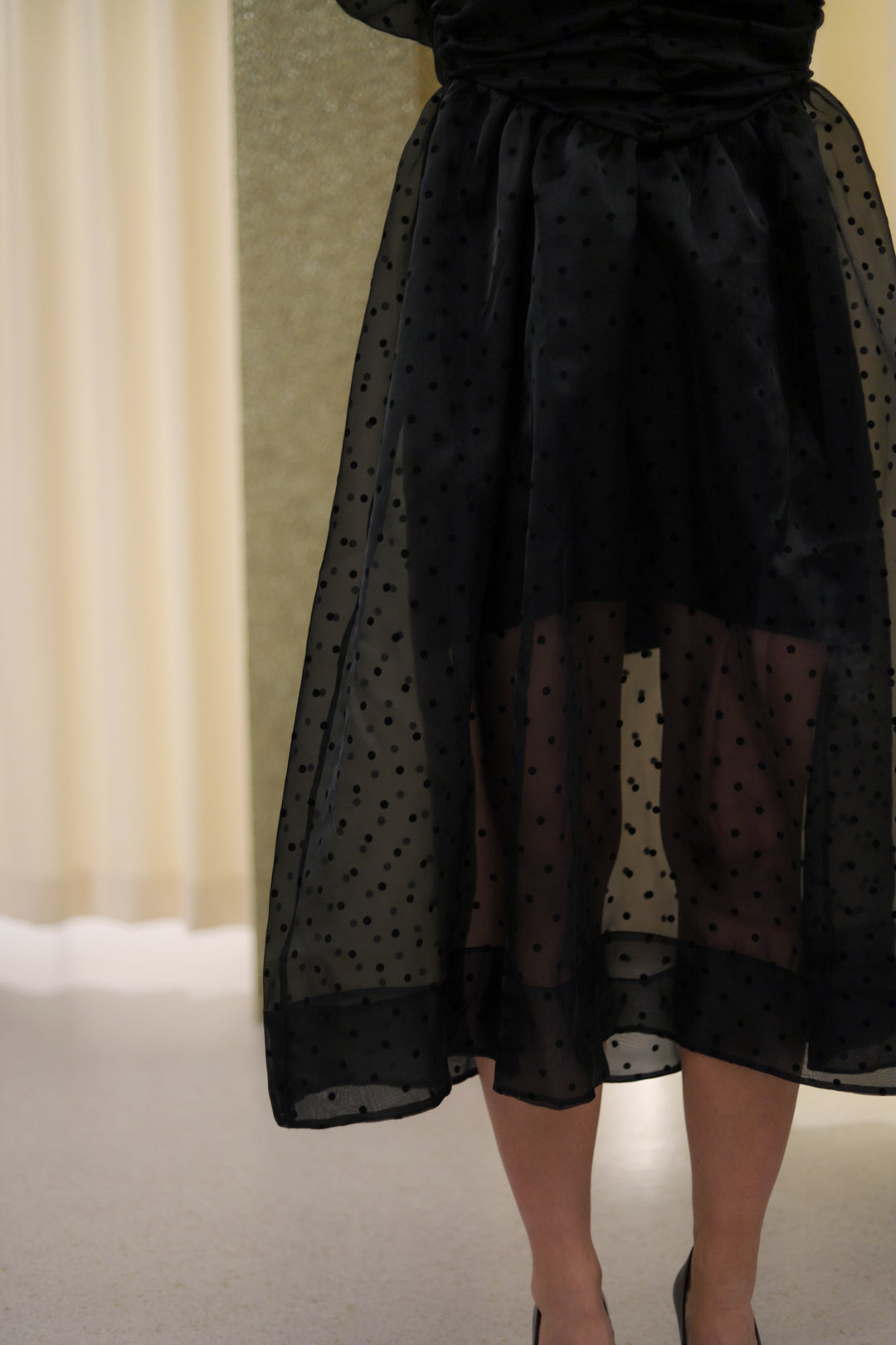 Flocked Organza Long Ruched Dress Black
