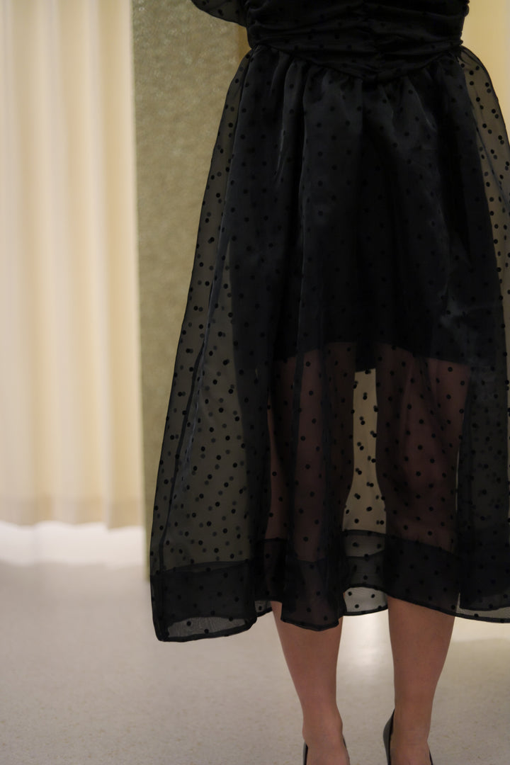 Flocked Organza Long Ruched Dress Black