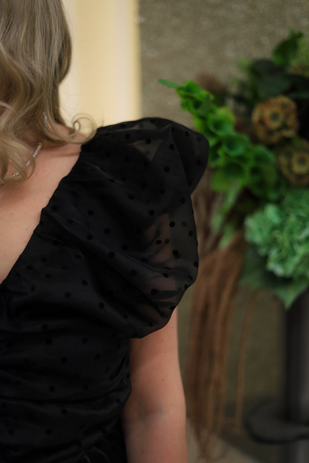 Flocked Organza Long Ruched Dress Black