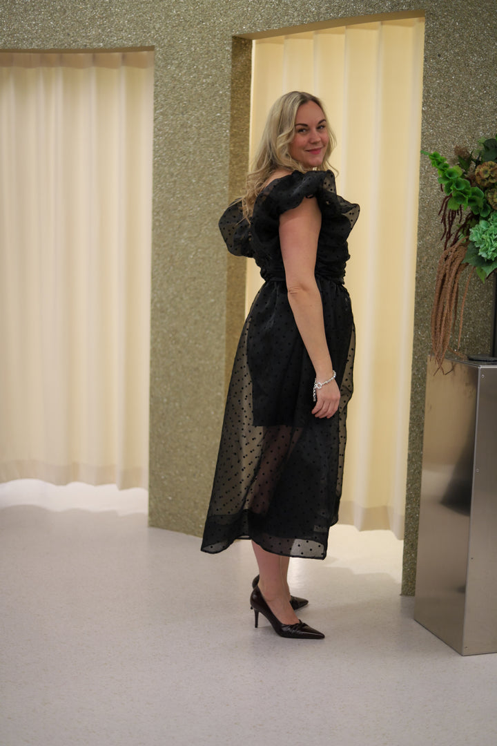 Flocked Organza Long Ruched Dress Black