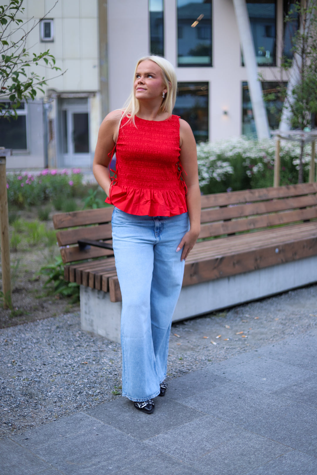 Cotton Poplin Smock Tie String Top Racing Red