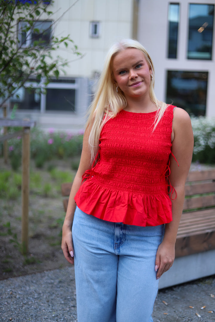 Cotton Poplin Smock Tie String Top Racing Red