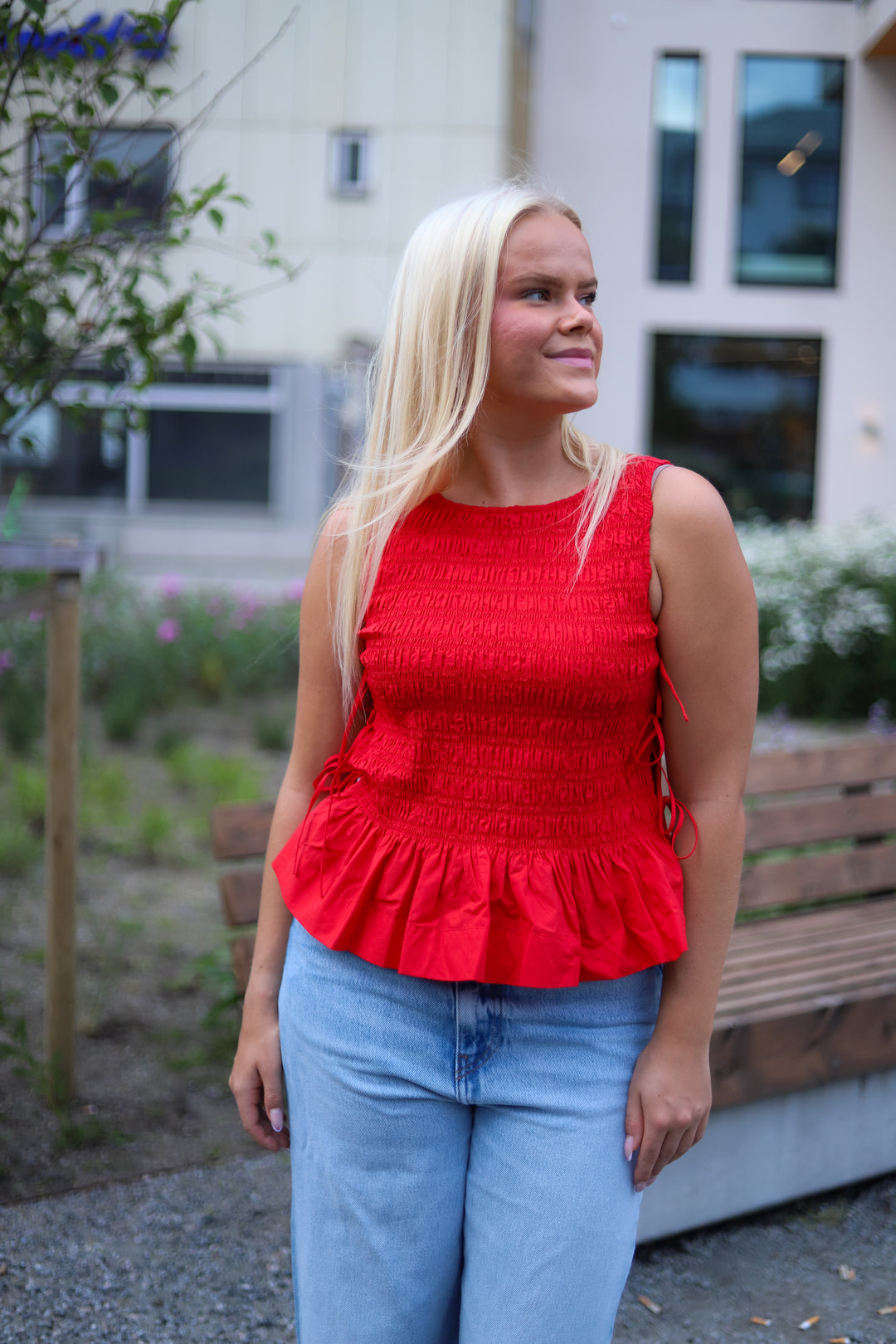 Cotton Poplin Smock Tie String Top Racing Red